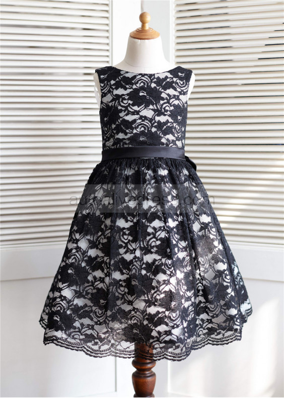 Black Lace Big Bow Knee Length Flower Girl Dress